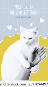 Cute cat holding human hand, halftone collage