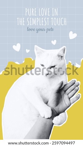 Cute cat holding human hand, halftone collage