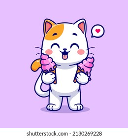 Cute Cat Holding Ice Cream Cartoon Vector Icon Illustration. Animal Food Icon Concept Isolated Premium Vector. Flat Cartoon Style