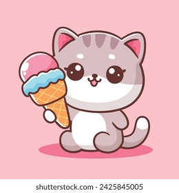 Cute cat holding ice cream kawaii mascot cartoon illustration