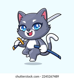 cute cat holding a katana cartoon vector