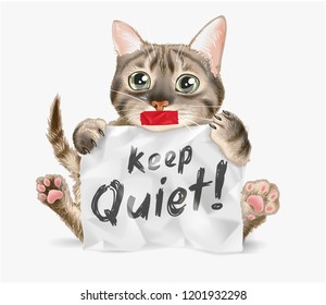 cute cat holding keep quiet paper sign 