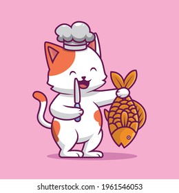 Cute cat holding knife and fish cartoon illustration The Concept of Isolated Technology. Flat Cartoon Style Suitable for Landing Web Pages, Banners, Flyers, Stickers, Cards