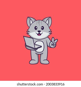 Cute cat holding laptop. Animal cartoon concept isolated. Can used for t-shirt, greeting card, invitation card or mascot.