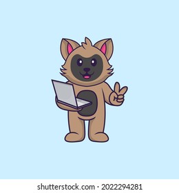 Cute cat holding laptop. Animal cartoon concept isolated. Can used for t-shirt, greeting card, invitation card or mascot.