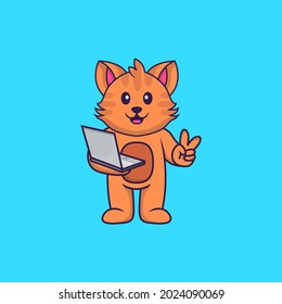 Cute cat holding laptop. Animal cartoon concept isolated. Can used for t-shirt, greeting card, invitation card or mascot.