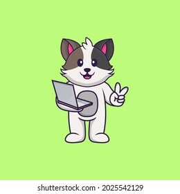 Cute cat holding laptop. Animal cartoon concept isolated. Can used for t-shirt, greeting card, invitation card or mascot.