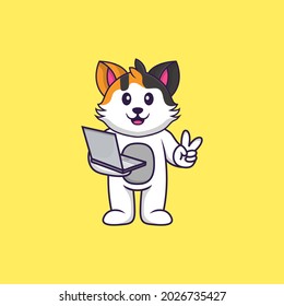 Cute cat holding laptop. Animal cartoon concept isolated. Can used for t-shirt, greeting card, invitation card or mascot.