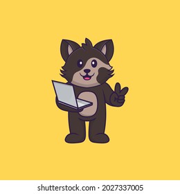 Cute cat holding laptop. Animal cartoon concept isolated. Can used for t-shirt, greeting card, invitation card or mascot.