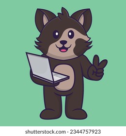 Cute cat holding laptop. Animal cartoon concept isolated. Can used for t-shirt, greeting card, invitation card or mascot