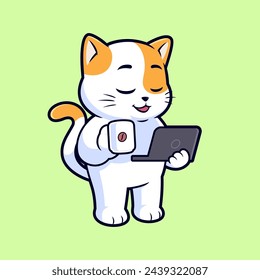 Cute cat holding laptop with cup of coffee cartoon vector icon illustration. Flat style animal cartoon logo