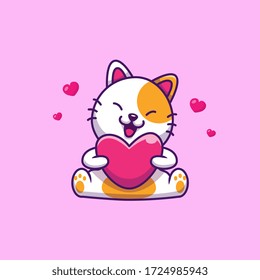 Cute Cat Holding Love Heart Vector Icon Illustration. Animal Icon Concept Isolated Premium Vector. Flat Cartoon Style 