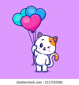 Cute Cat Holding Love Heart Balloon Cartoon Vector Icon Illustration. Animal Nature Icon Concept Isolated Premium Vector. Flat Cartoon Style