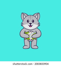 Cute cat holding a map. Animal cartoon concept isolated. Can used for t-shirt, greeting card, invitation card or mascot.