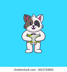 Cute cat holding a map. Animal cartoon concept isolated. Can used for t-shirt, greeting card, invitation card or mascot.