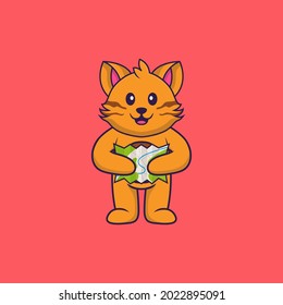 Un gato lindo sosteniendo un mapa. El concepto de caricatura animal aislado. Puede usarse para camisetas, tarjetas de felicitación, tarjetas de invitación o mascota.