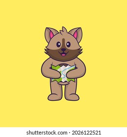Cute cat holding a map. Animal cartoon concept isolated. Can used for t-shirt, greeting card, invitation card or mascot.