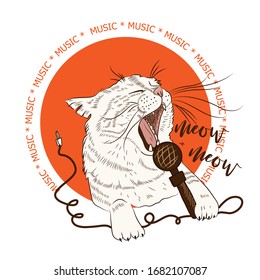 Cute cat holding microphone performs song. Hand drawn sketch. Vector illustration. Music poster, composition for t-shirt.