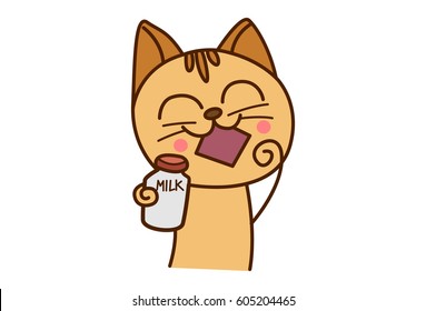 Cute Cat holding a milk bottle. vector illustration. Isolated don white background.
