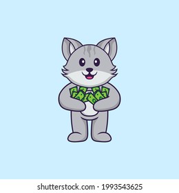 Cute cat holding money. Animal cartoon concept isolated. Can used for t-shirt, greeting card, invitation card or mascot.