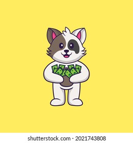 Cute cat holding money. Animal cartoon concept isolated. Can used for t-shirt, greeting card, invitation card or mascot.