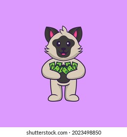 Cute cat holding money. Animal cartoon concept isolated. Can used for t-shirt, greeting card, invitation card or mascot.