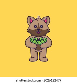 Cute cat holding money. Animal cartoon concept isolated. Can used for t-shirt, greeting card, invitation card or mascot.