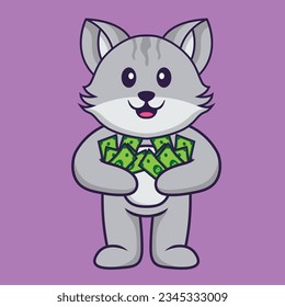 Cute cat holding money. Animal cartoon concept isolated. Can used for t-shirt, greeting card, invitation card or mascot.