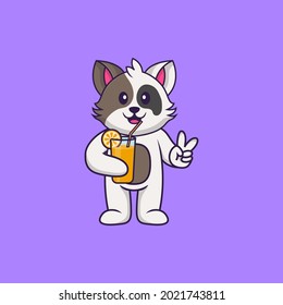 Cute cat holding orange juice in glass. Animal cartoon concept isolated. Can used for t-shirt, greeting card, invitation card or mascot.