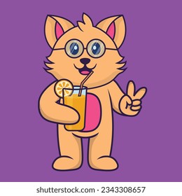 Cute cat holding orange juice in glass