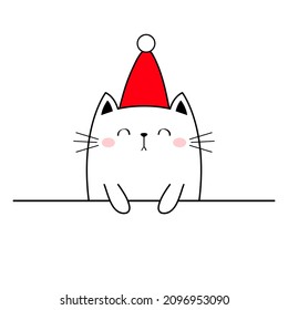 Cute cat holding paws. Red Santa hat. Merry Christmas Happy New Year. Funny kawaii doodle animal. Line kitten kitty. Cartoon funny baby pet character. Flat design. White background Vector illustration