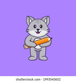 Cute cat holding a pencil. Animal cartoon concept isolated. Can used for t-shirt, greeting card, invitation card or mascot.