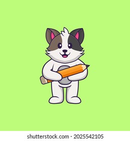Cute cat holding a pencil. Animal cartoon concept isolated. Can used for t-shirt, greeting card, invitation card or mascot.