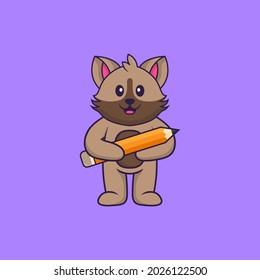 Cute cat holding a pencil. Animal cartoon concept isolated. Can used for t-shirt, greeting card, invitation card or mascot.