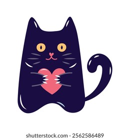 Cute cat holding pink heart. Valentine's day element for design on white background. Isolated vector illustration.