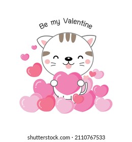 Cute cat holding pink hearts. Be my Valentine.