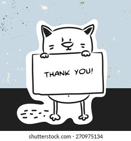 Cute cat holding placard  Thank you card  cartoon doodle style vector drawing 