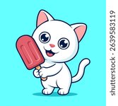 Cute Cat Holding Popsicle Ice Cream Cartoon Vector Icon Illustration. Animal Food Icon Concept Isolated.