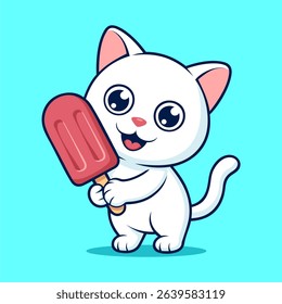 Cute Cat Holding Popsicle Ice Cream Cartoon Vector Icon Illustration. Animal Food Icon Concept Isolated.