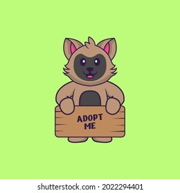 Cute Katze, die ein Poster hält Adopt me. Konzept der Tierkarikatur einzeln. Kann für T-Shirt, Grußkarte, Einladungskarte oder Maskottchen verwendet werden.