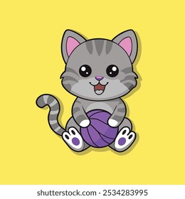 Cute Cat Holding Purple Yarn Ball Cartoon Vector Icon Illustration.