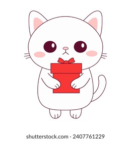 Cute Katze, die eine rote Geschenkbox hält. Weißes Kätzchen. Steck den Leinendoodle-Haustier. Lächelndes Gesicht. Kawaii Baby Tier. Frohe Weihnachten. Cartoon lustigen Charakter. Schönes Kätzchen. Flaches Design. Weißer Hintergrund. Vektorgrafik
