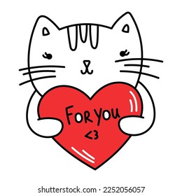 Cute cat holding a red heart. Valentines Day