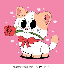 Cute Cat Holding a Red Rose