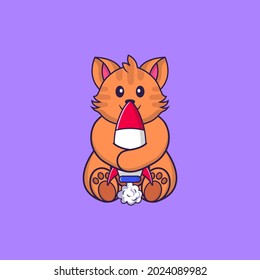Cute cat holding a rocket. Animal cartoon concept isolated. Can used for t-shirt, greeting card, invitation card or mascot.