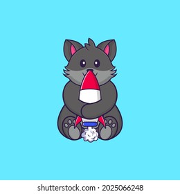 Cute cat holding a rocket. Animal cartoon concept isolated. Can used for t-shirt, greeting card, invitation card or mascot.