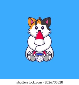 Cute cat holding a rocket. Animal cartoon concept isolated. Can used for t-shirt, greeting card, invitation card or mascot.