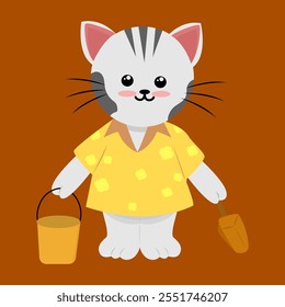 Cute Cat holding sand shovel with a summer, holiday 