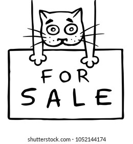 Cute cat is holding a sign for sale. Contour freehand digital drawing. Vector illustration.