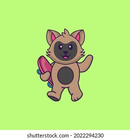 Cute cat holding a skateboard. Animal cartoon concept isolated. Can used for t-shirt, greeting card, invitation card or mascot.